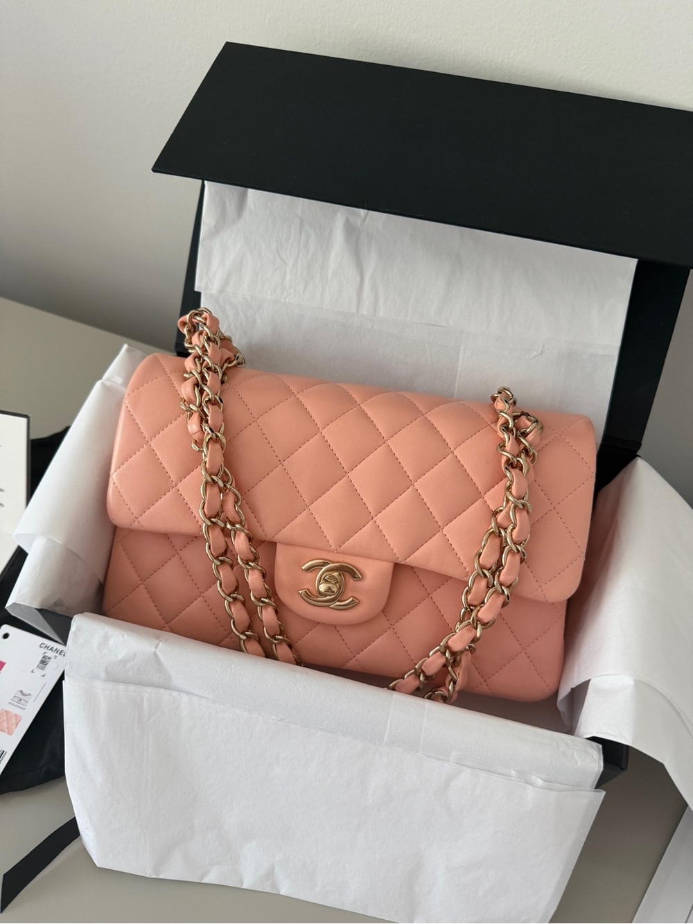 22C Rose Clair Pink/Beige Lambskin Quilted Small Double Flap Light Gold Hardware